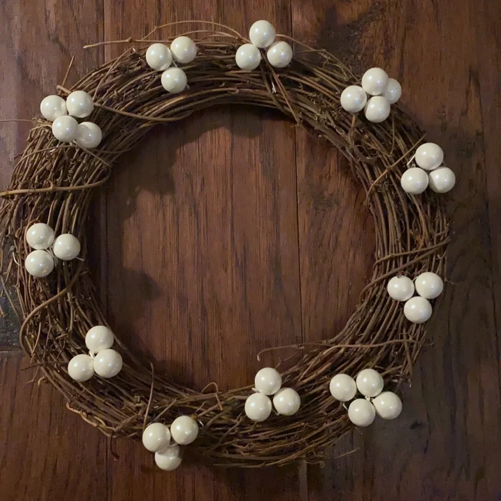 10” round brown twiggy wreath with pearl white berry ball ornaments small decor
